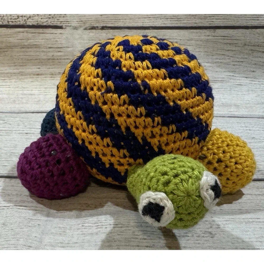 Adorable Hand Made Knitted Turtle Plush Colorful Retro BIG Bug Eyes GT12